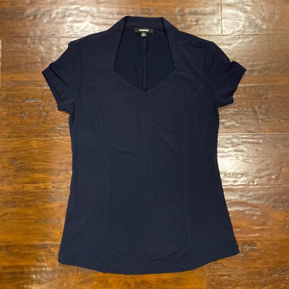 Premise Navy Blue V Neck Short Sleeve Fitted Top Women’s XS